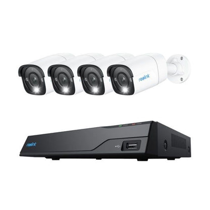Reolink 8-kanaals NVR met vier witte 12MP PoE bullet camera's voorzien van ingebouwde spotlights.