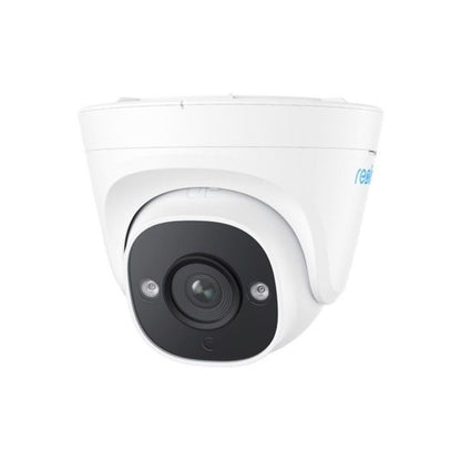 Witte Reolink 5MP PoE turret beveiligingscamera met zwarte lensmodule en weerbestendig design.