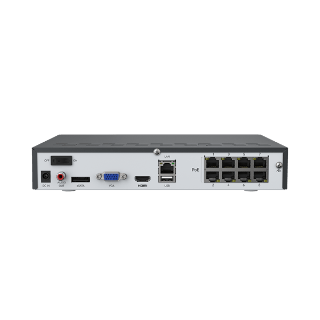 Achterzijde van de Reolink 8-kanaals NVR met acht PoE-poorten, HDMI, VGA, USB-aansluitingen en audio-uitgang.