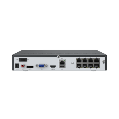 Achterzijde van de Reolink 8-kanaals NVR met acht PoE-poorten, HDMI, VGA, USB-aansluitingen en audio-uitgang.