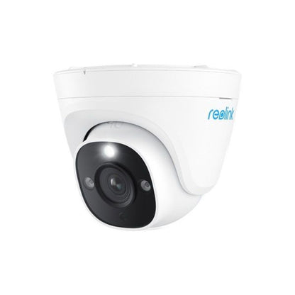 Witte Reolink 8MP 4K PoE turret beveiligingscamera met zwarte lensmodule en ingebouwde spotlight.