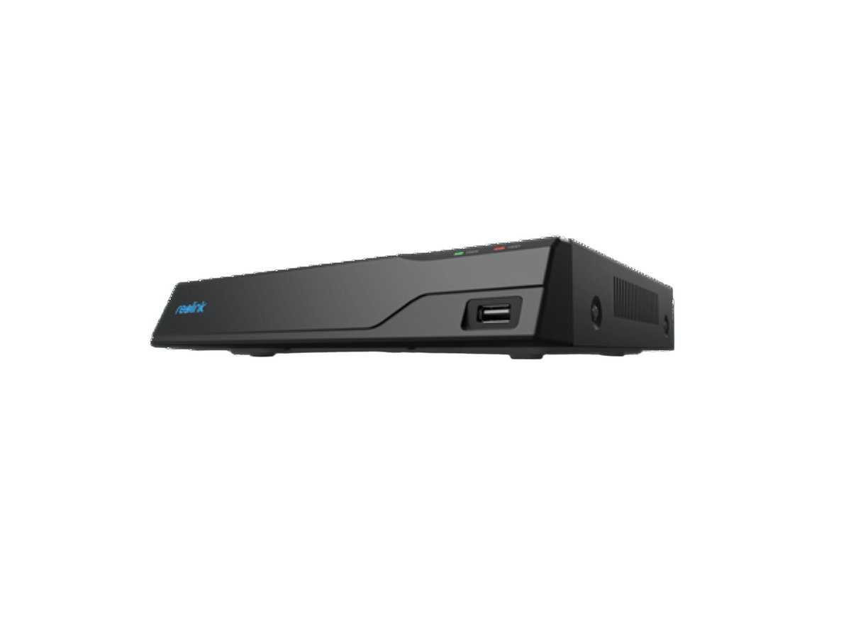 Zwarte Reolink 8-kanaals PoE NVR recorder met strak design, USB-poort aan de voorzijde en statusindicatielampjes.