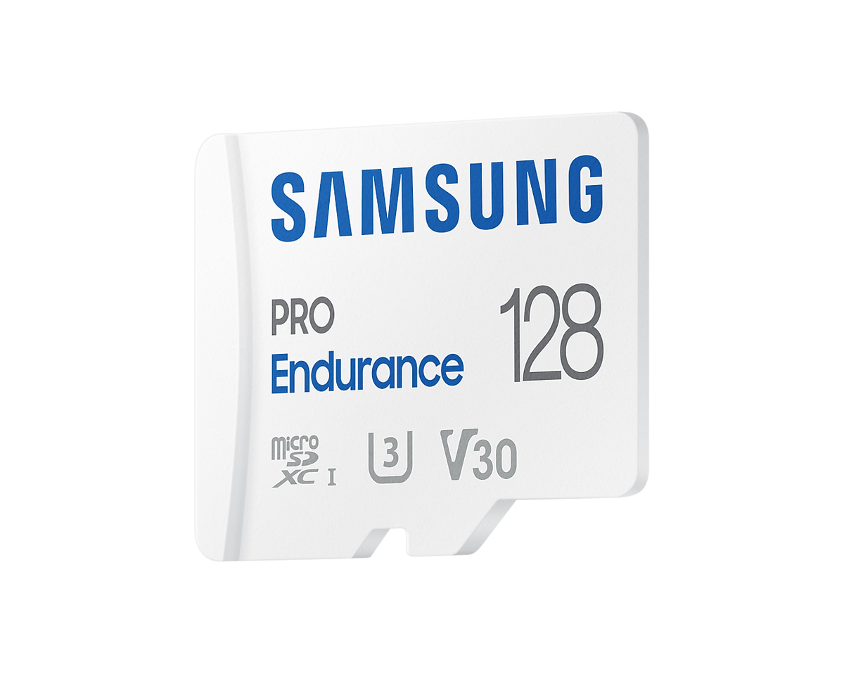 Witte Samsung PRO Endurance 128GB microSD-geheugenkaart met blauwe tekst en V30-snelheidsklasse.