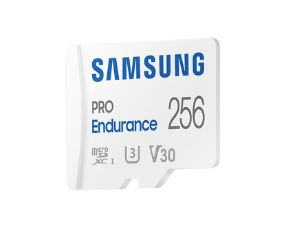 Witte Samsung PRO Endurance 256GB microSD-kaart met blauwe tekst en V30-snelheidsklasse voor 24/7 opnames.