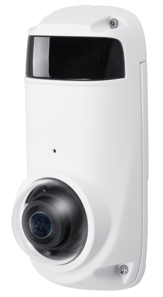 Witte Vivotek CC9391-HV 8MP panoramische outdoor beveiligingscamera met 180° lens en IR-nachtzicht.