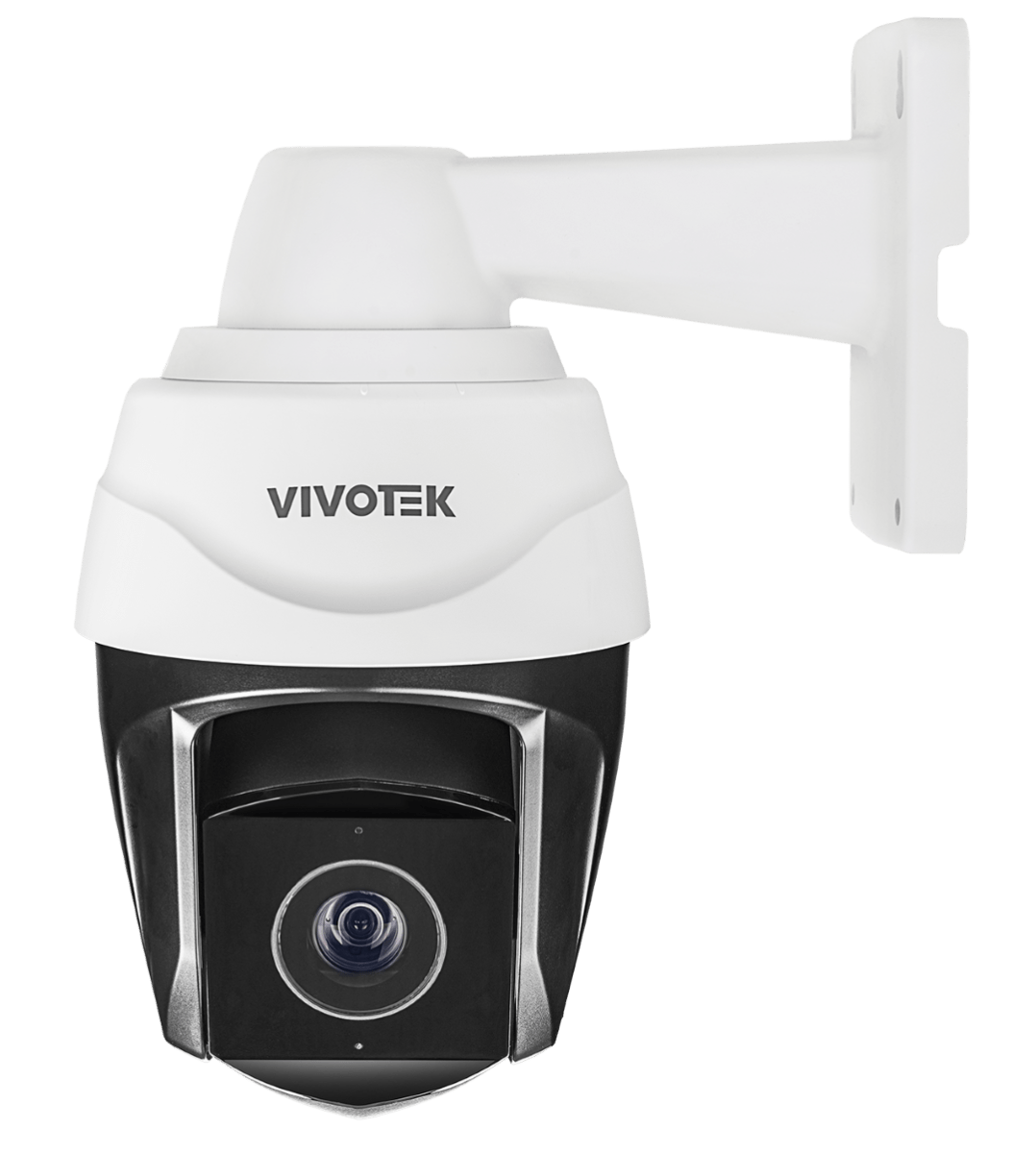 Witte Vivotek SD9368-EHL outdoor speed dome camera met muurbeugel en zwarte lensbehuizing voor professionele beveiliging.