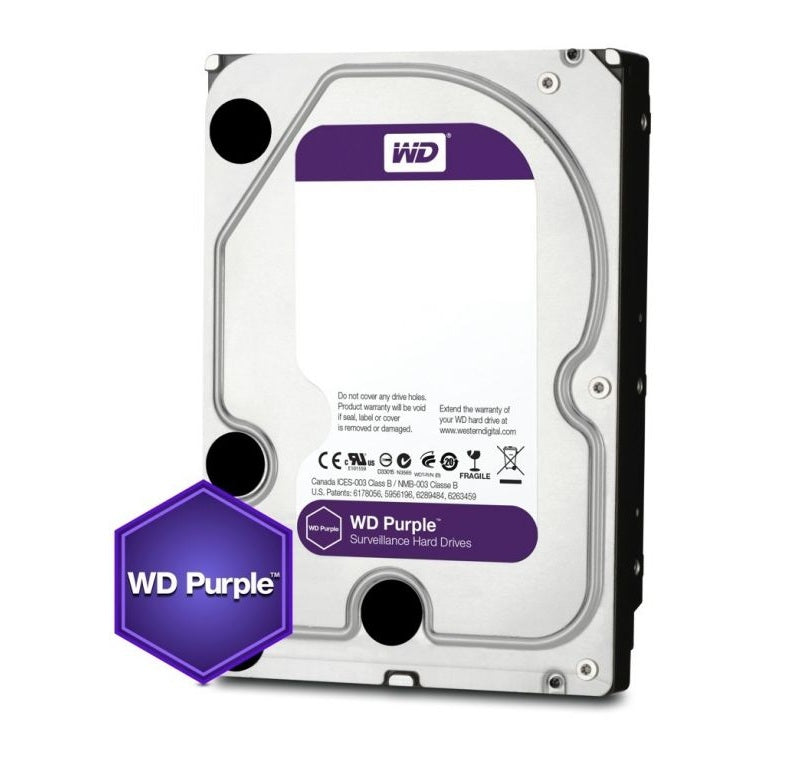 Western Digital Purple 2TB surveillance harde schijf met paars label en metalen behuizing voor NVR en DVR systemen.